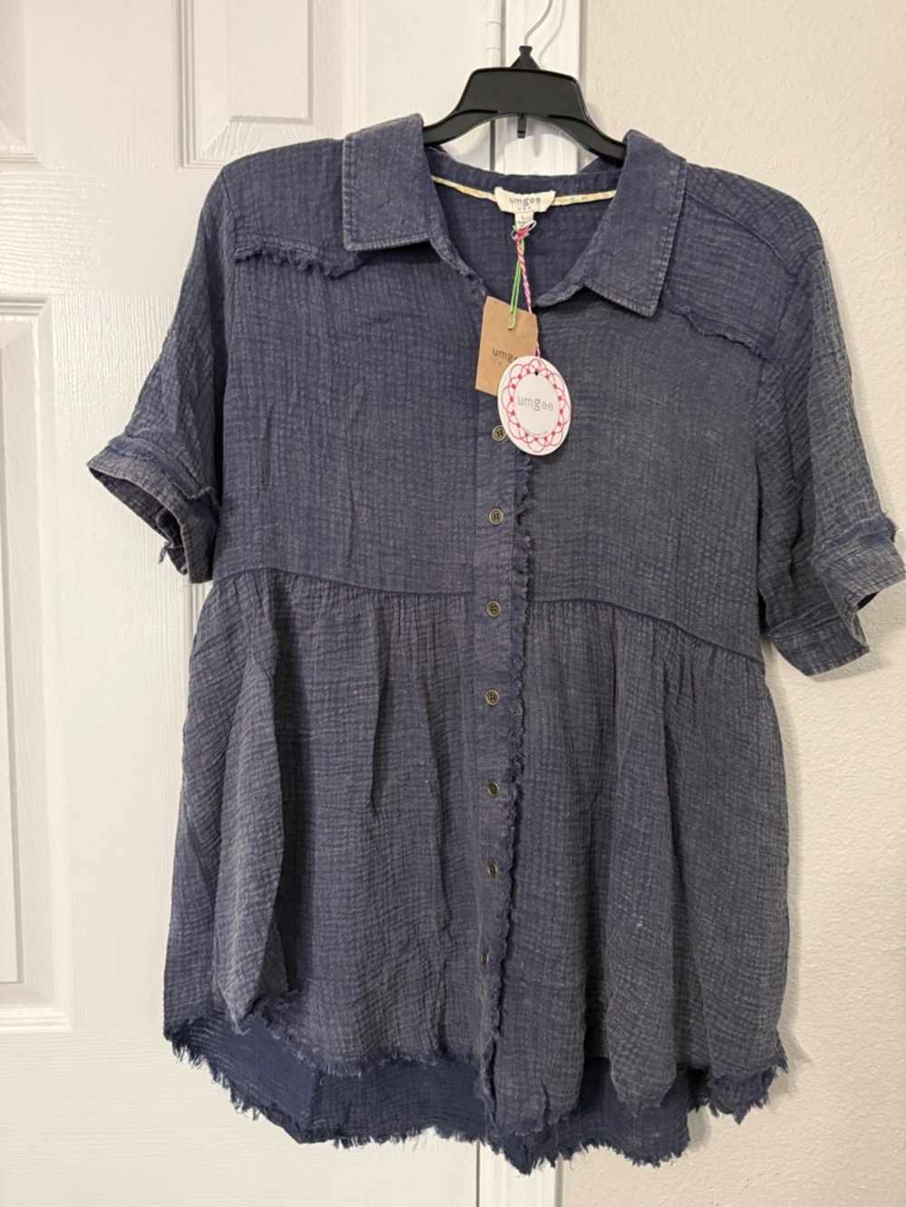 Umgee Indigo Textured Button-Down Short Sleeve Top